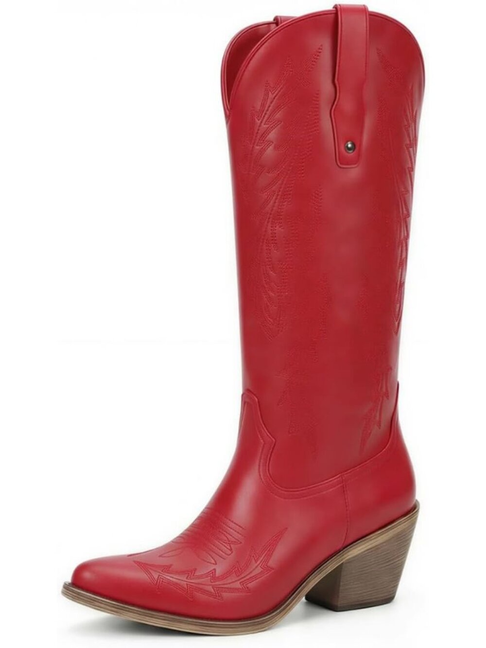 Women's Red Western Knee High Boots Pointed Toe Chunky Heel Embroidered Cowgirl